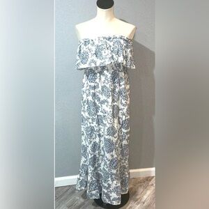 Moda International linen maxi Off-Shoulder White and Blue Floral Dress